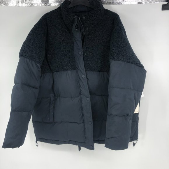 Good American Sherpa Mix Cocoon Puffer Jacket Midnight Blue size 3 / Large - Picture 3 of 8